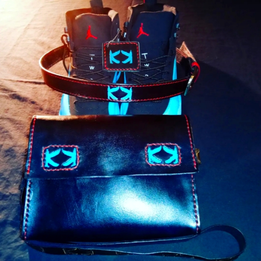 Custom Leather Belt, key chain, and satchel